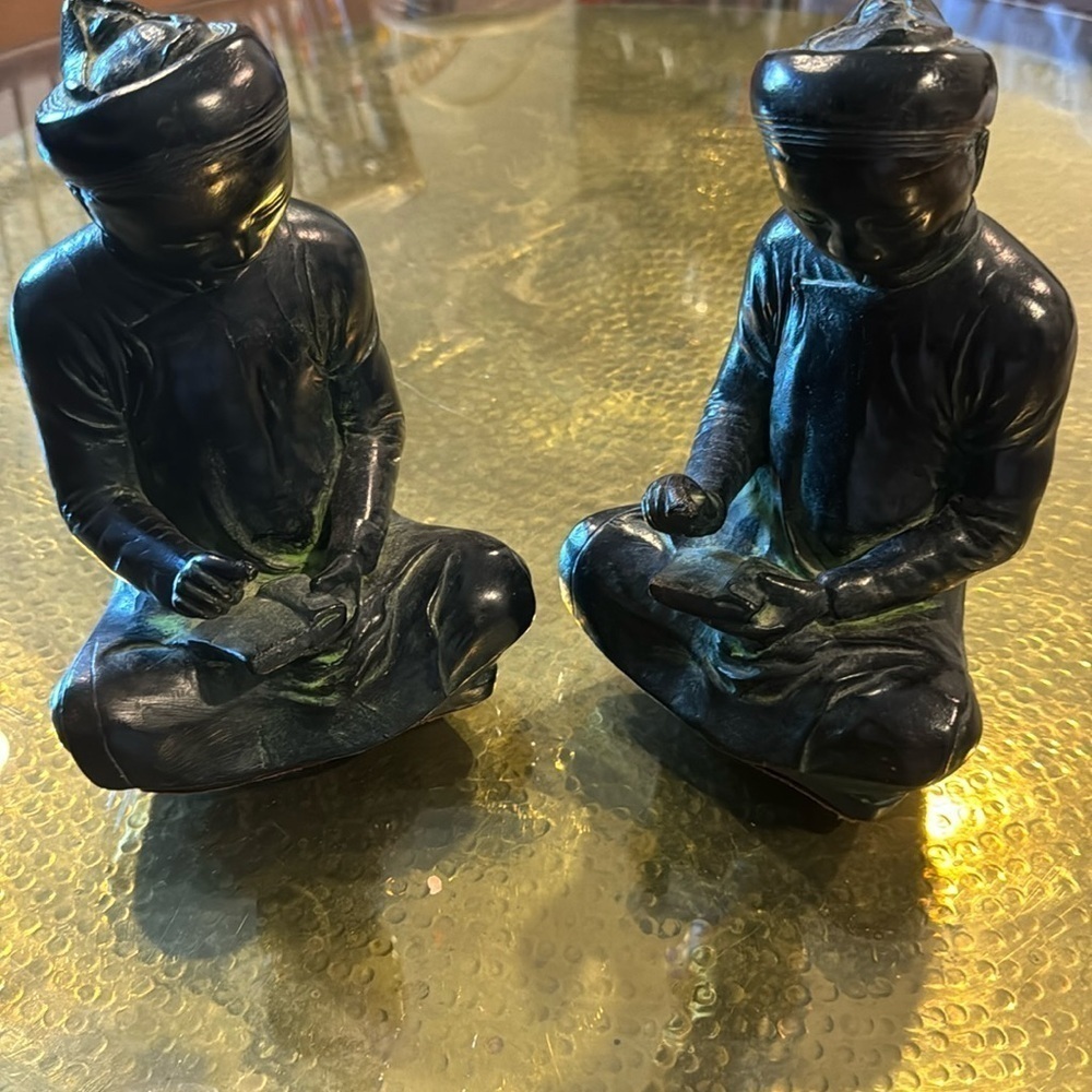 Vintage Two Austin Prod 1961 Sculpture Asian Student w/book Green Statue 9"